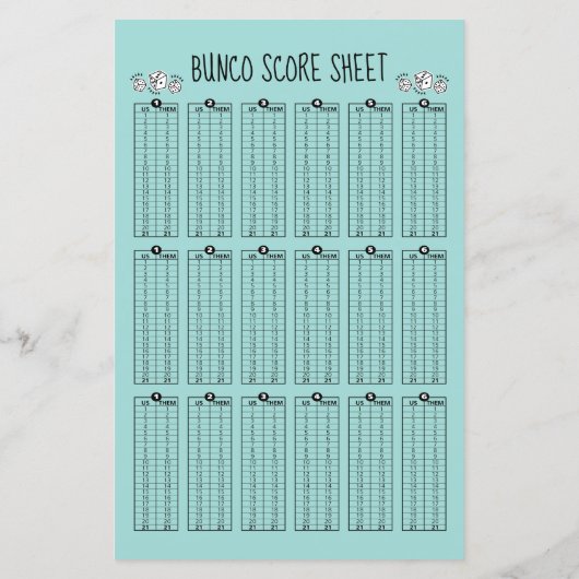 Bunco Score Sheet - Tabelle Score für Würfel (Rückseite)
