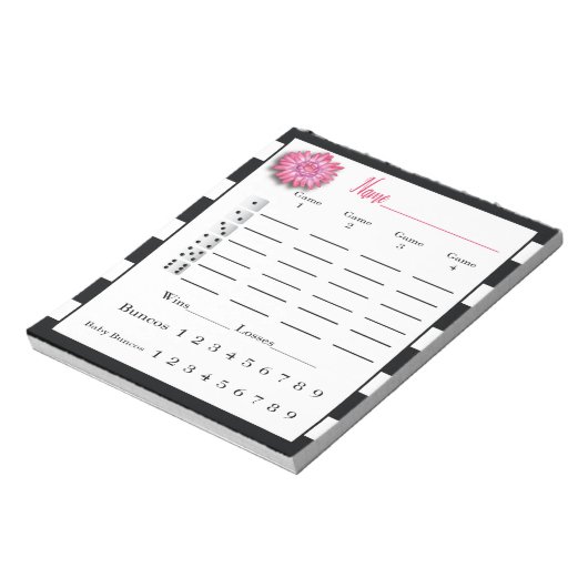 Bunco Score Sheets Schwarz-Weiß-Rosa-Blume Notizblock (Rotiert)