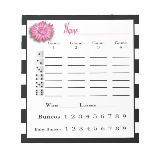 Bunco Score Sheets Schwarz-Weiß-Rosa-Blume Notizblock (Vorderseite)
