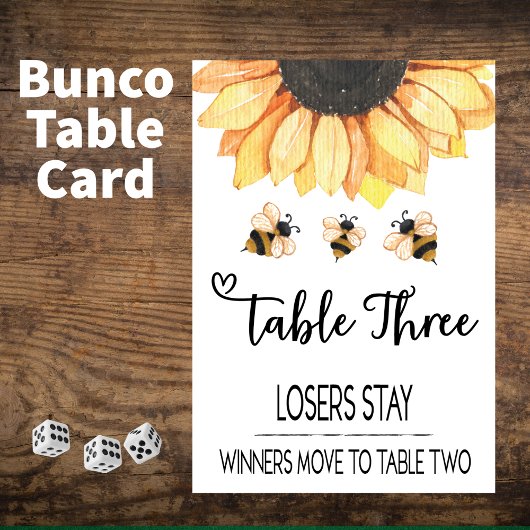 Bunco Sunflower Bier Table Card #3 Tischnummer