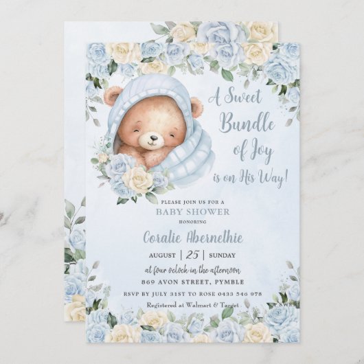 Bundle of Joy Bear Blue Floral Boy Baby Shower Einladung (Vorne/Hinten)