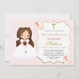 Bunette Girl First Holy Communion Elegant Cute Einladung