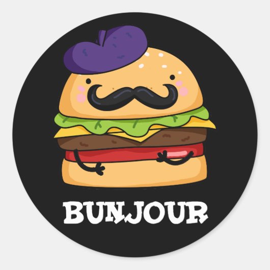 Bunjour Funny French Burger Bun Pun Dark BG Runder Aufkleber (Vorderseite)