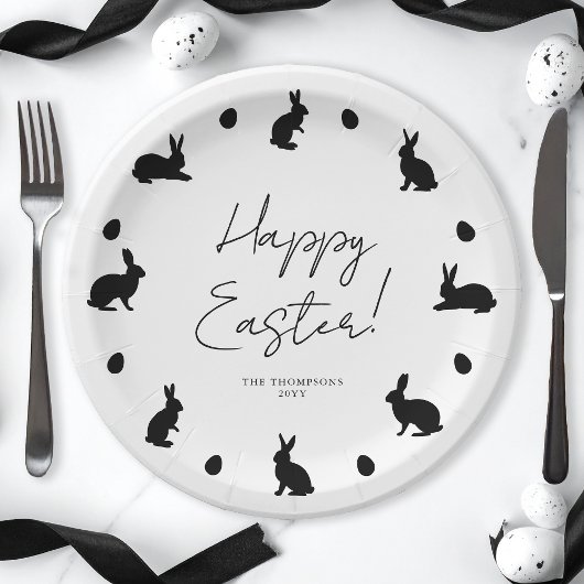 Bunnies And Eggs In Black Modern Happy Easter Pappteller
