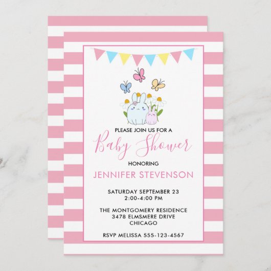 Bunnies, Butterflies & Daisies Babydusche Einladung (Vorne/Hinten)