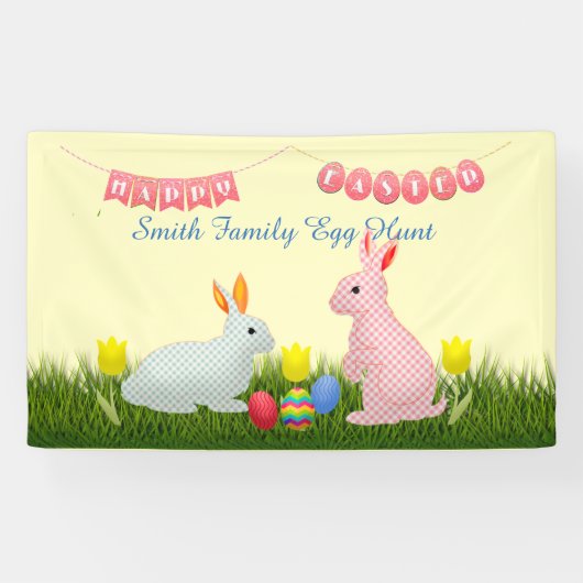 Bunnies, Eier, Tulpen und glückliche Osterjagd Banner (Horizontal)