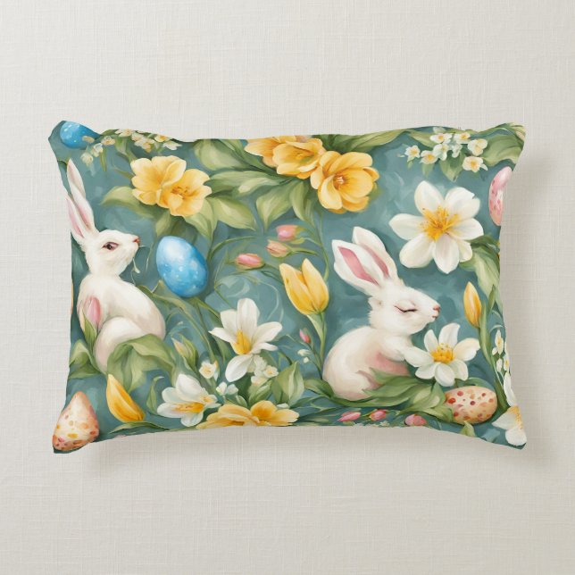 Bunnies, Frühlingsblumen und Ostereier. Malerei Dekokissen (Vorderseite)