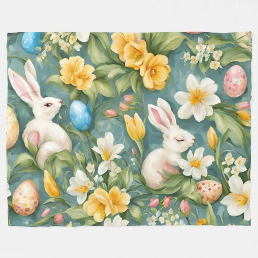 Bunnies, Frühlingsblumen und Ostereier. Malerei Fleecedecke (Vorderseite (Horizontal))