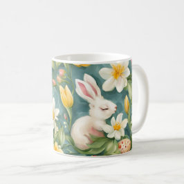 Bunnies, Frühlingsblumen und Ostereier. Malerei Kaffeetasse
