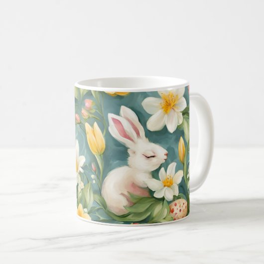 Bunnies, Frühlingsblumen und Ostereier. Malerei Kaffeetasse (VorderseiteRechts)