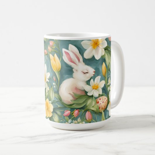 Bunnies, Frühlingsblumen und Ostereier. Malerei Kaffeetasse (VorderseiteRechts)