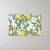 Bunnies, Frühlingsblumen und Ostereier. Malerei Leinwanddruck (Vorderseite)