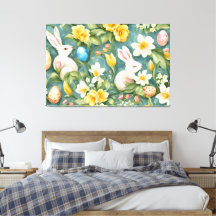 Bunnies, Frühlingsblumen und Ostereier. Malerei
