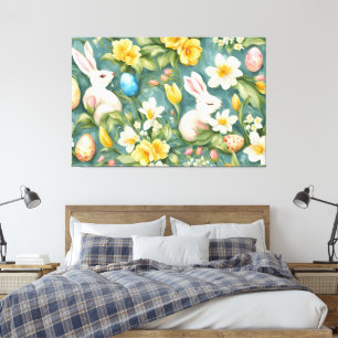 Bunnies, Frühlingsblumen und Ostereier. Malerei Leinwanddruck