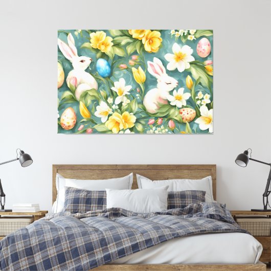 Bunnies, Frühlingsblumen und Ostereier. Malerei Leinwanddruck (Insitu (Schlafzimmer))