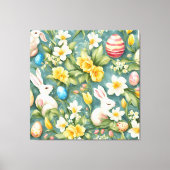Bunnies, Frühlingsblumen und Ostereier. Malerei Leinwanddruck (Vorderseite)