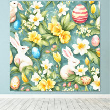 Bunnies, Frühlingsblumen und Ostereier. Malerei
