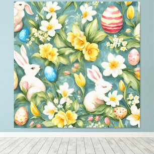 Bunnies, Frühlingsblumen und Ostereier. Malerei Leinwanddruck