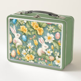 Bunnies, Frühlingsblumen und Ostereier. Malerei Metall Brotdose