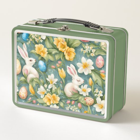 Bunnies, Frühlingsblumen und Ostereier. Malerei Metall Brotdose (Vorderseite)