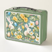 Bunnies, Frühlingsblumen und Ostereier. Malerei Metall Brotdose (Rückseite)