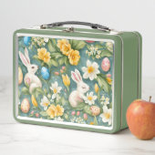 Bunnies, Frühlingsblumen und Ostereier. Malerei Metall Brotdose (Beispiel)