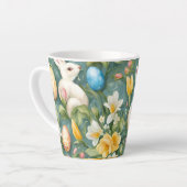 Bunnies, Frühlingsblumen und Ostereier. Malerei Milchtasse (Linke Ecke)