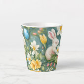 Bunnies, Frühlingsblumen und Ostereier. Malerei Milchtasse (Vorderseite)
