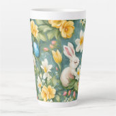 Bunnies, Frühlingsblumen und Ostereier. Malerei Milchtasse (Vorderseite)
