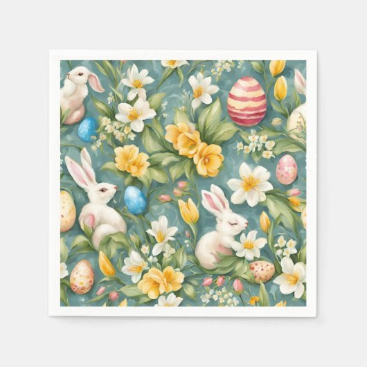 Bunnies, Frühlingsblumen und Ostereier. Malerei Serviette (Vorderseite)