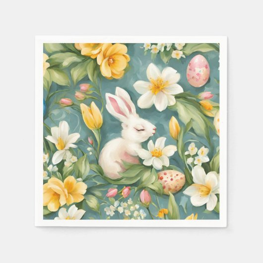 Bunnies, Frühlingsblumen und Ostereier. Malerei Serviette (Vorderseite)