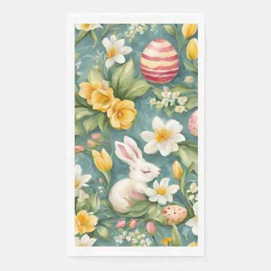 Bunnies, Frühlingsblumen und Ostereier. Malerei Serviette (Vorderseite)