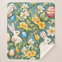 Bunnies, Frühlingsblumen und Ostereier. Malerei Sherpadecke