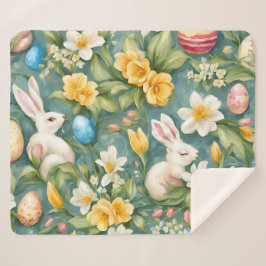 Bunnies, Frühlingsblumen und Ostereier. Malerei Sherpadecke