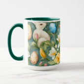 Bunnies, Frühlingsblumen und Ostereier. Malerei Tasse (Links)