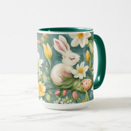 Bunnies, Frühlingsblumen und Ostereier. Malerei Tasse