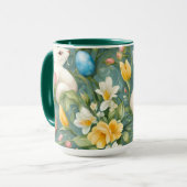 Bunnies, Frühlingsblumen und Ostereier. Malerei Tasse (Vorderseite Links)
