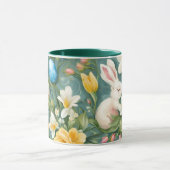 Bunnies, Frühlingsblumen und Ostereier. Malerei Tasse (Zentrum)