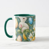 Bunnies, Frühlingsblumen und Ostereier. Malerei Tasse (Links)