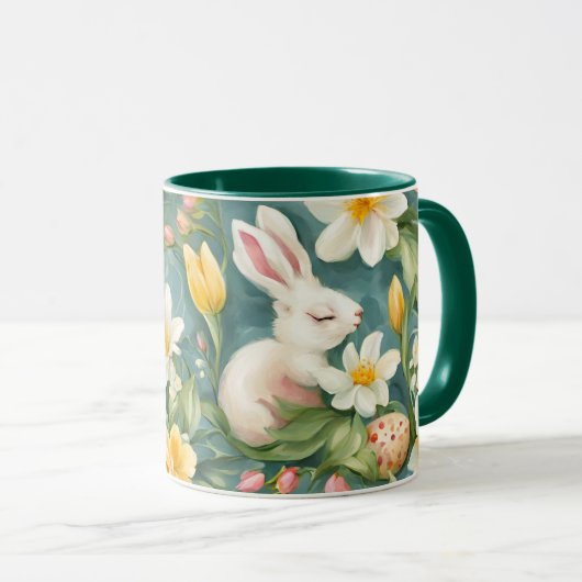 Bunnies, Frühlingsblumen und Ostereier. Malerei Tasse (VorderseiteRechts)