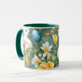 Bunnies, Frühlingsblumen und Ostereier. Malerei Tasse (Vorderseite Links)