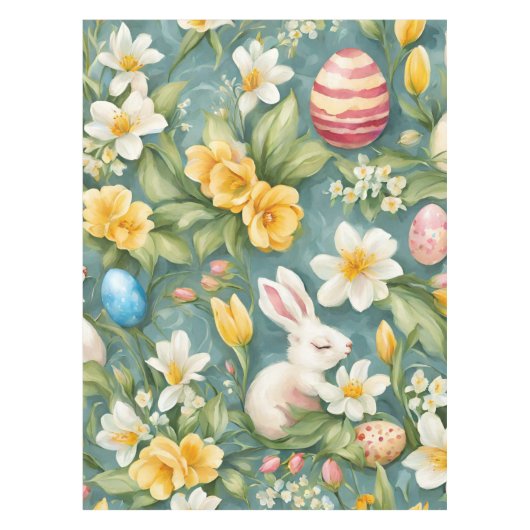 Bunnies, Frühlingsblumen und Ostereier. Malerei Tischdecke (Vorderseite)