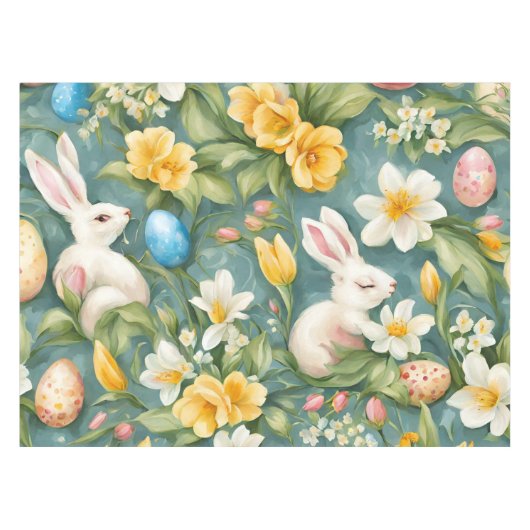Bunnies, Frühlingsblumen und Ostereier. Malerei Tischdecke (Vorderseite (Horizontal))