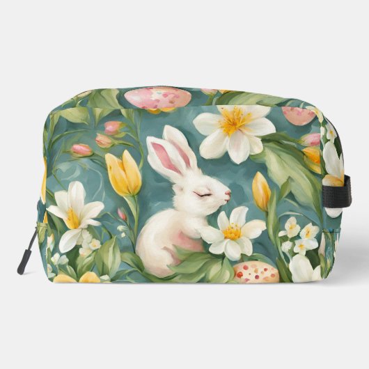 Bunnies, Frühlingsblumen und Ostereier. Malerei Waschbeutel (Rückseite)