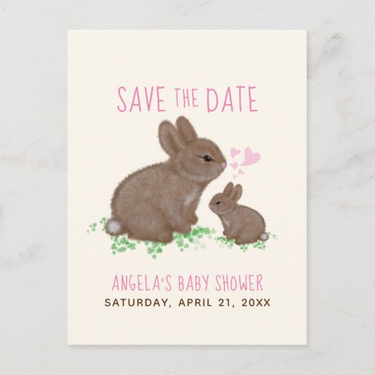 Bunnies Hearts Girl Babydusche Save the Date Ankündigungspostkarte (Vorderseite)