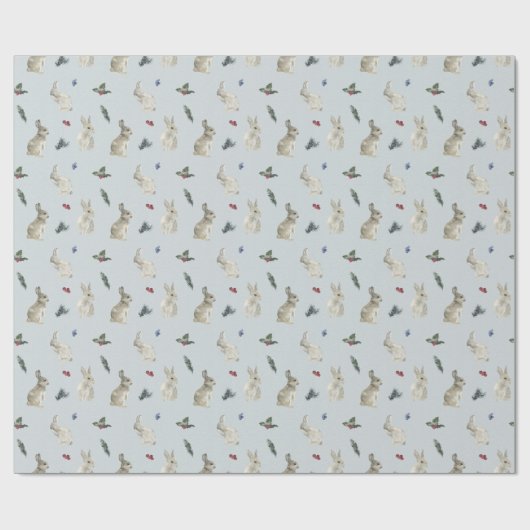 Bunnies, Holly und Berries Blue Geschenkpapier (Flach)