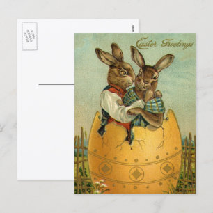 Bunnies in einem Goldeier, Vintag Viktorianischer Feiertagspostkarte