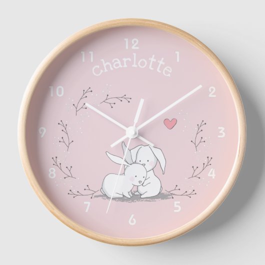 Bunnies in einem Kranz - Niedliches rosa Kinderzim Uhr (Vorderseite)