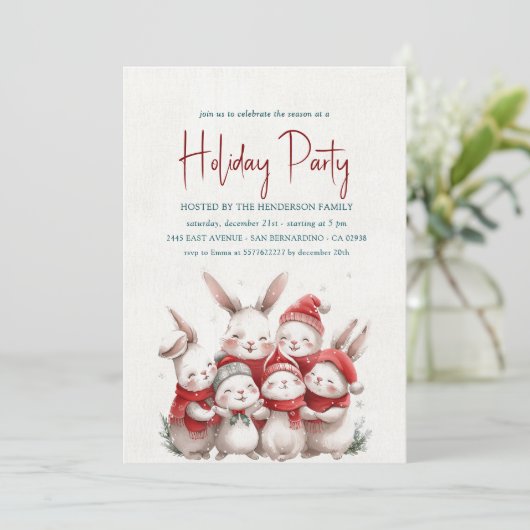 Bunnies mit Red Scarf White Holiday Party Einladung (Stehend Vorderseite)