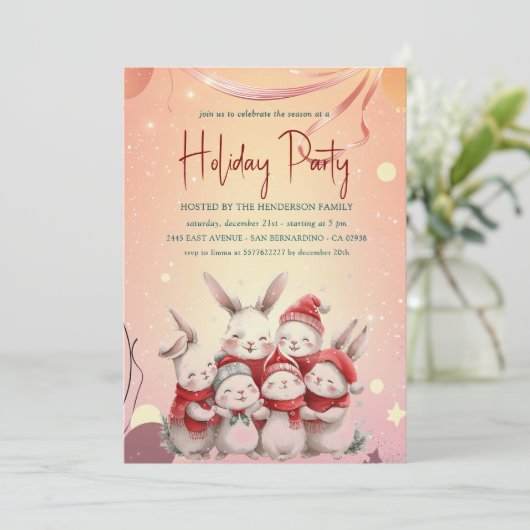 Bunnies mit rotem Scarf Warme Feier Einladung (Stehend Vorderseite)